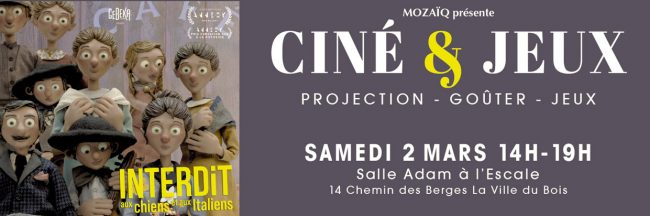 Affiche évènement Ciné & Jeux de l'association MOZAIQ de la Ville du Bois.