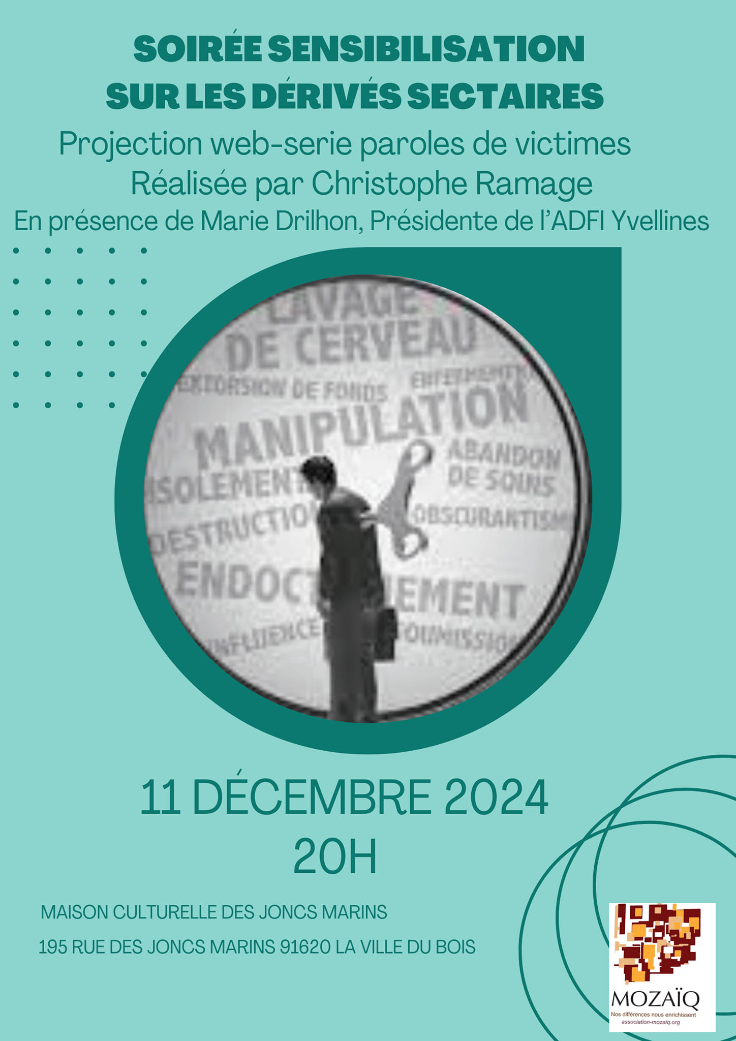 Affiche conférence MIVILUDES. MOZAIQ La Ville du Bois