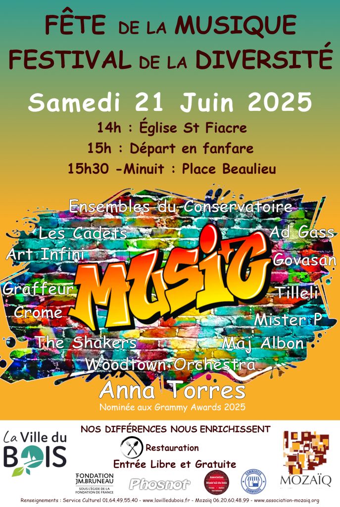 Affiche fête de la musique et festival de la diversité. Mozaïq. La Ville du Bois